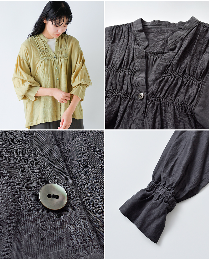 U PHORICA(ユーフォリカ)ジャガードギャザースタンドカラーシャツu24-11574-53