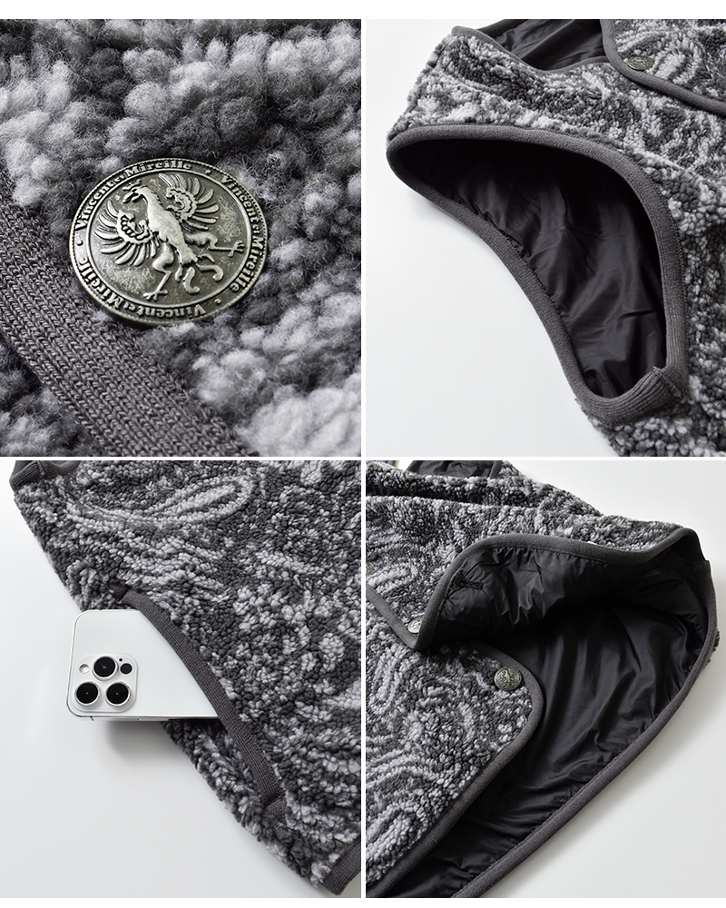 Vincent et Mireille(ヴァンソン エ ミレイユ)ノーカラーボアリバーシブルベストvm252bl25220