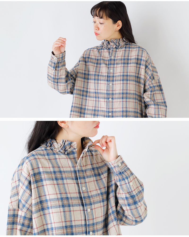 Yarmo(ヤーモ)コットンフランネルチェックフリルシャツyar-25aw-s28ck