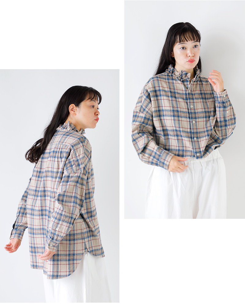Yarmo(ヤーモ)コットンフランネルチェックフリルシャツyar-25aw-s28ck