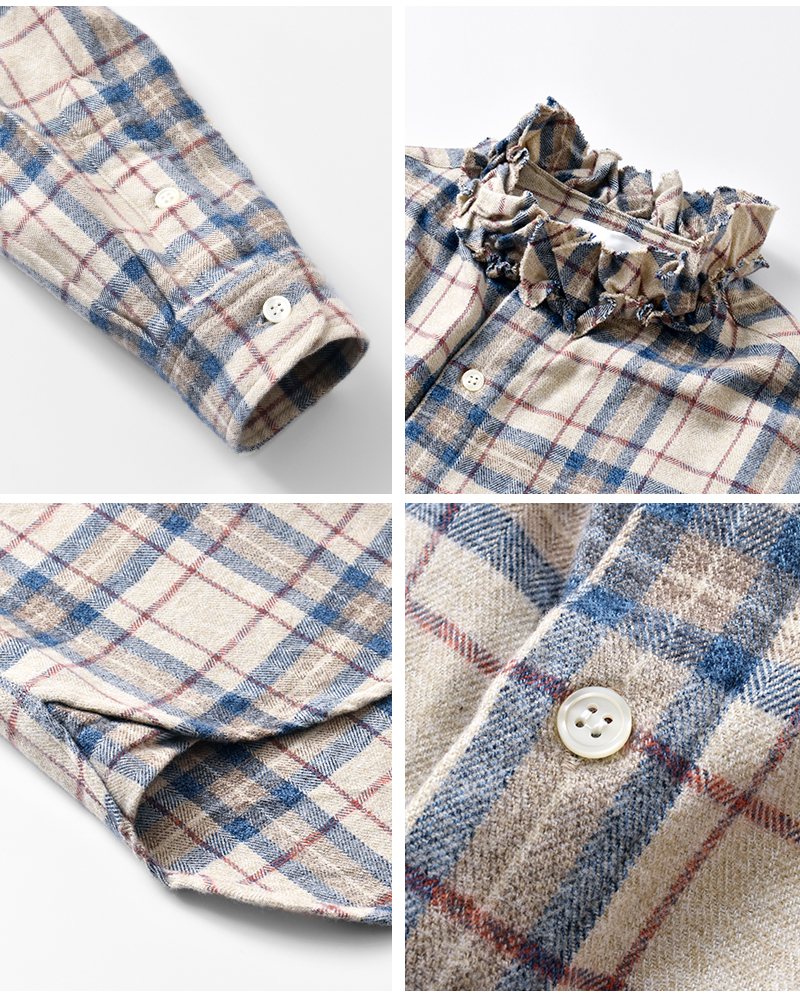 Yarmo(ヤーモ)コットンフランネルチェックフリルシャツyar-25aw-s28ck