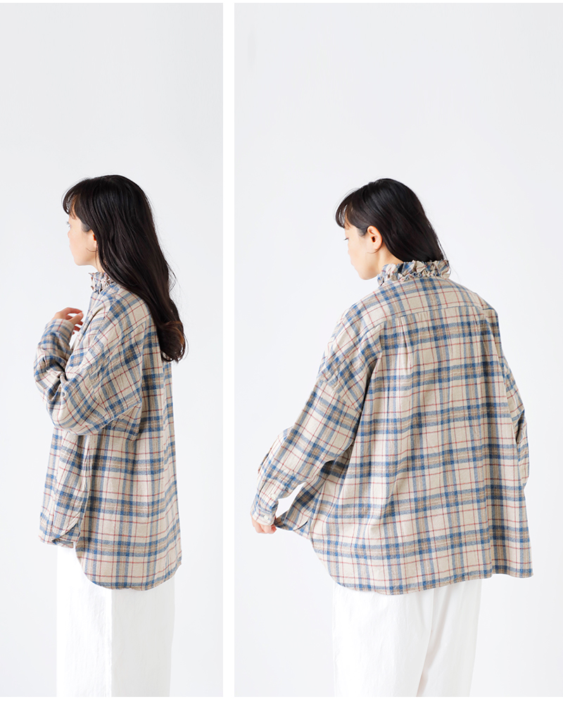 Yarmo(ヤーモ)コットンフランネルチェックフリルシャツyar-25aw-s28ck