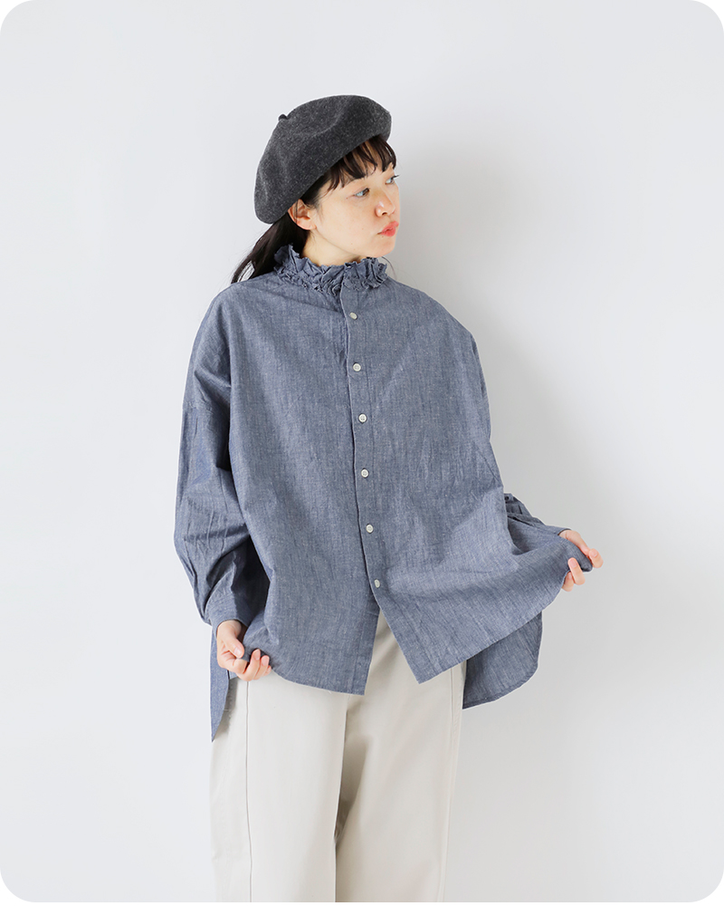 Yarmo(ヤーモ)ダンガリーコットンフリルシャツyar-25aw-s28d
