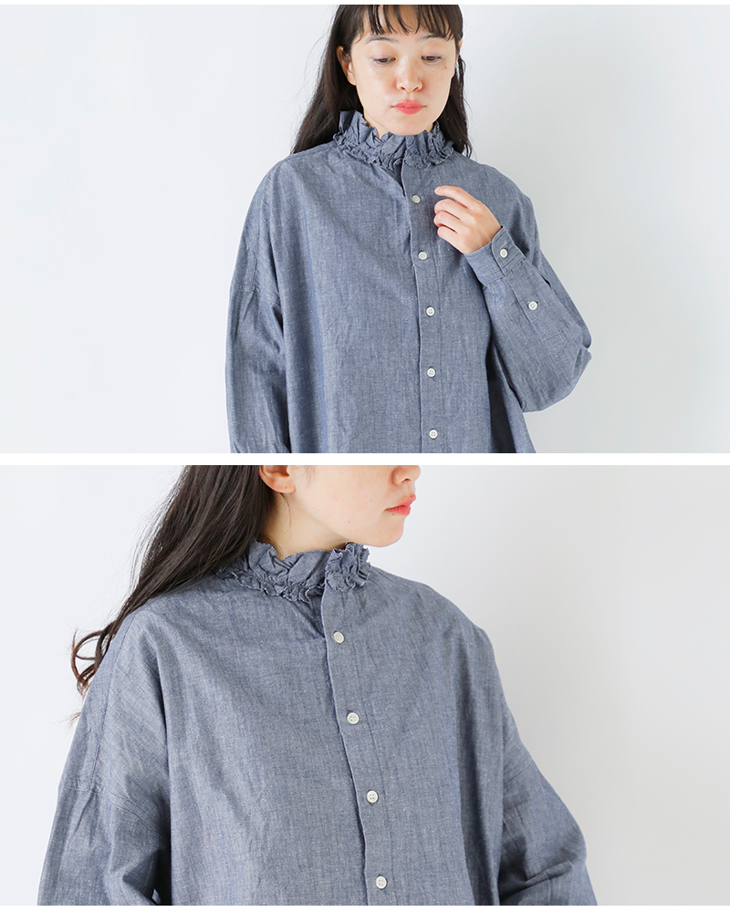 Yarmo(ヤーモ)ダンガリーコットンフリルシャツyar-25aw-s28d