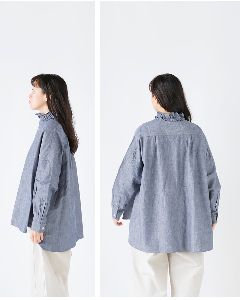 Yarmo(ヤーモ)ダンガリーコットンフリルシャツyar-25aw-s28d