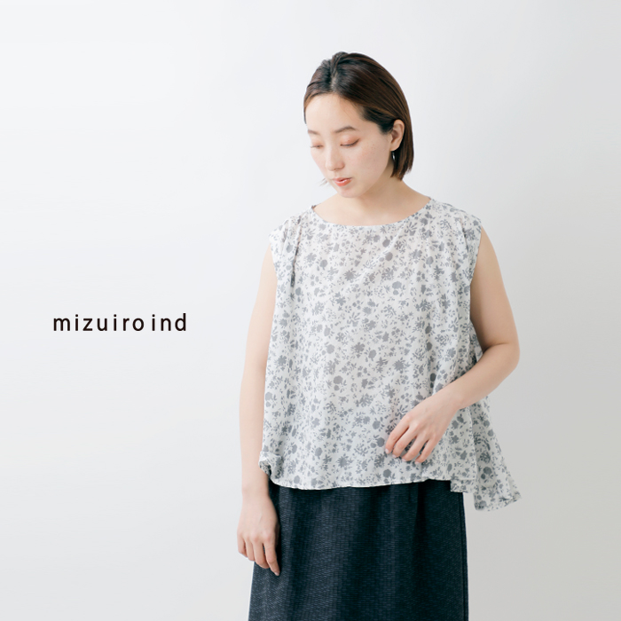 mizuiro ind(ミズイロインド)コットンスモールフラワープリントノースリーブフレアプルオーバー1-230117