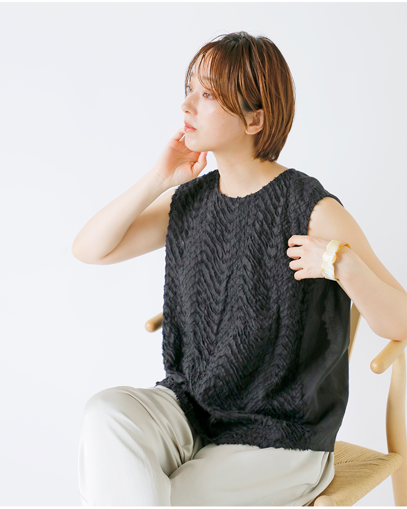 mizuiro ind(ミズイロインド)コットンハンドカットフリルノースリーブプルオーバー1-230123