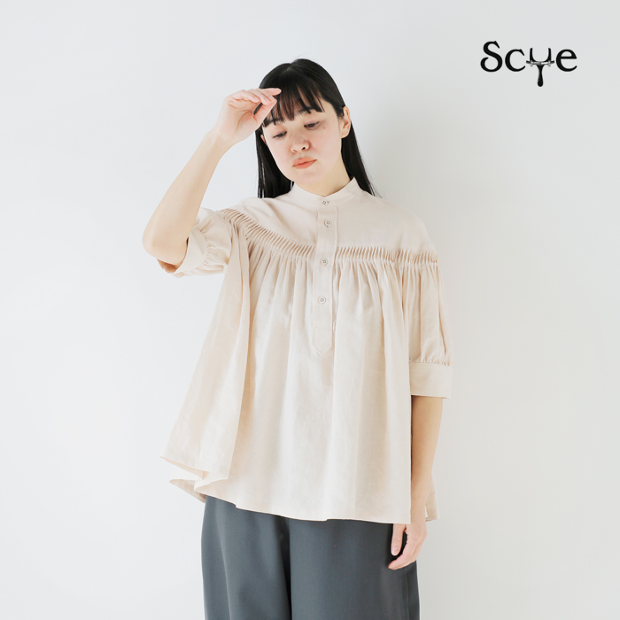 Scye(サイ)リネンキャンブリックタックハーフスリーブブラウス“60/1LinenCambricTuckedBlouseHalfSleeve”1225-31000