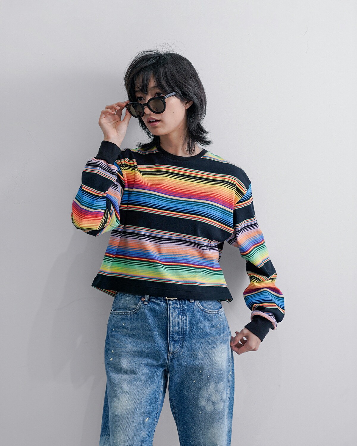 A MENDA(アメンダ)コットンメキシカンマルチボーダー長袖Tシャツ“mexicanstripesjerseylongsleeveshirt”25ss-me009