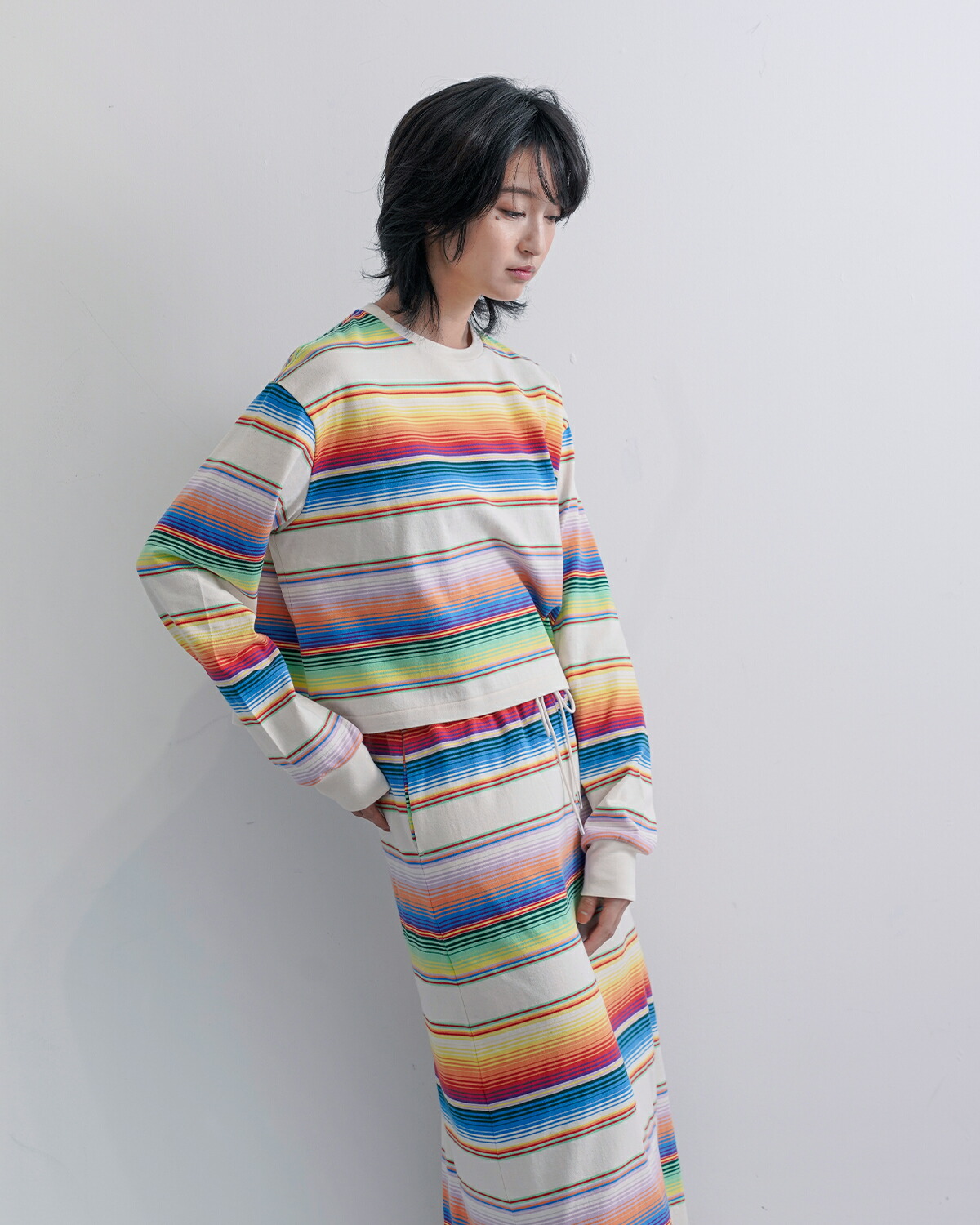 A MENDA(アメンダ)コットンメキシカンマルチボーダー長袖Tシャツ“mexicanstripesjerseylongsleeveshirt”25ss-me009