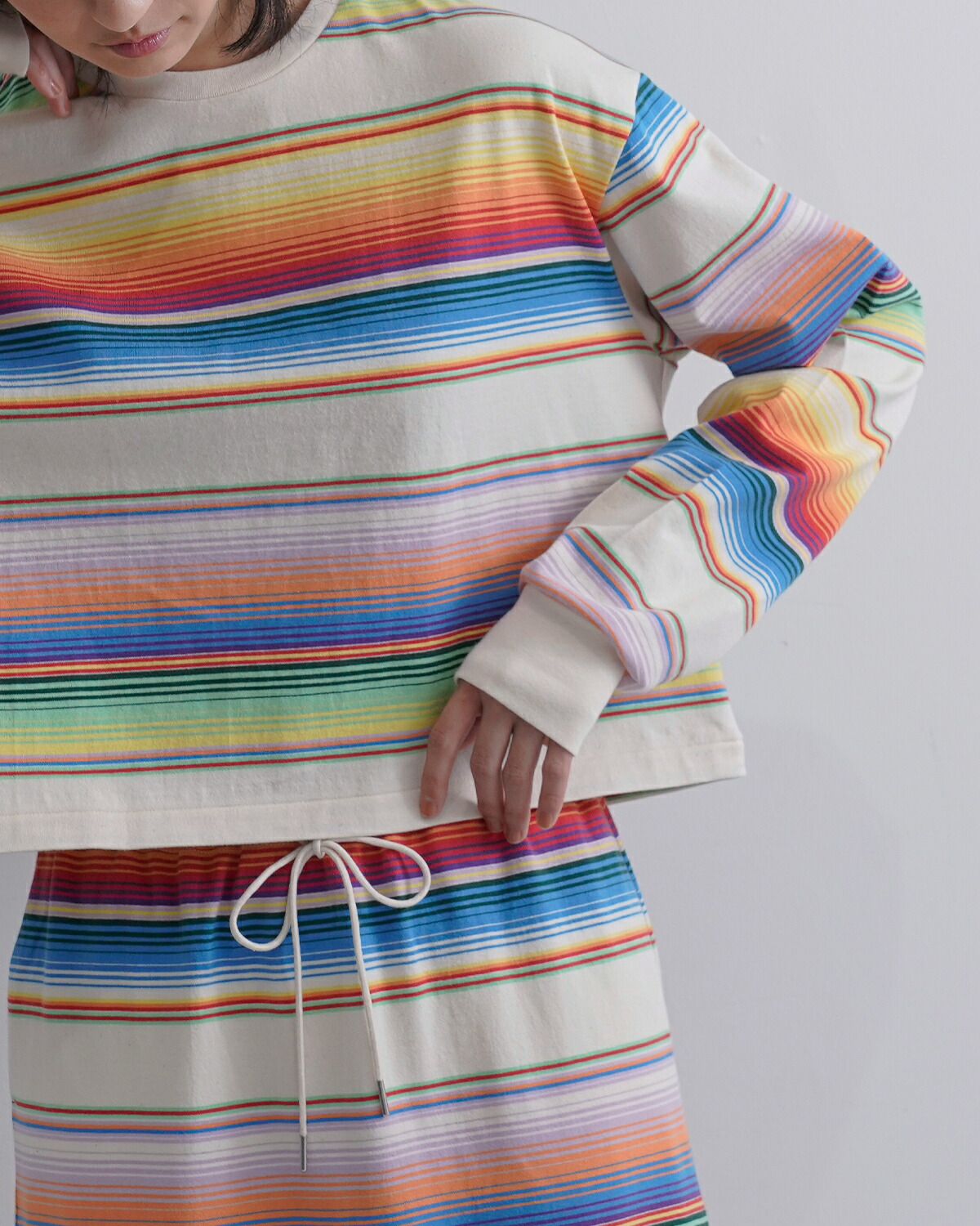 A MENDA(アメンダ)コットンメキシカンマルチボーダー長袖Tシャツ“mexicanstripesjerseylongsleeveshirt”25ss-me009