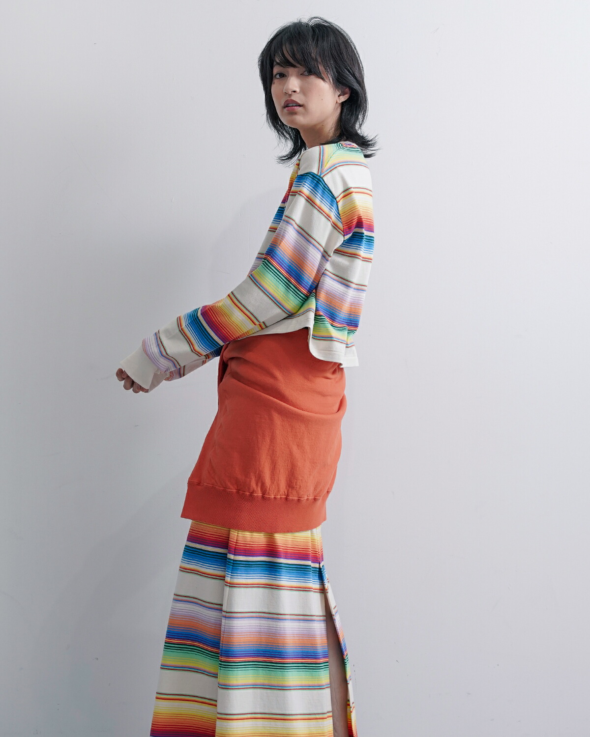 A MENDA(アメンダ)コットンメキシカンマルチボーダー長袖Tシャツ“mexicanstripesjerseylongsleeveshirt”25ss-me009
