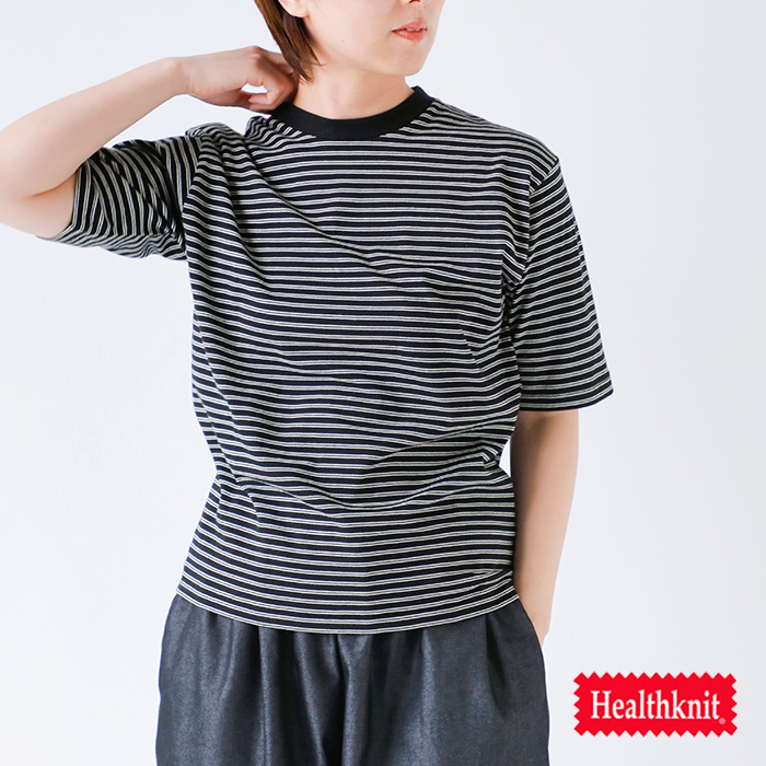 Healthknit(ヘルスニット)コットンクラシックボーダージャージークルーネック半袖Tシャツ