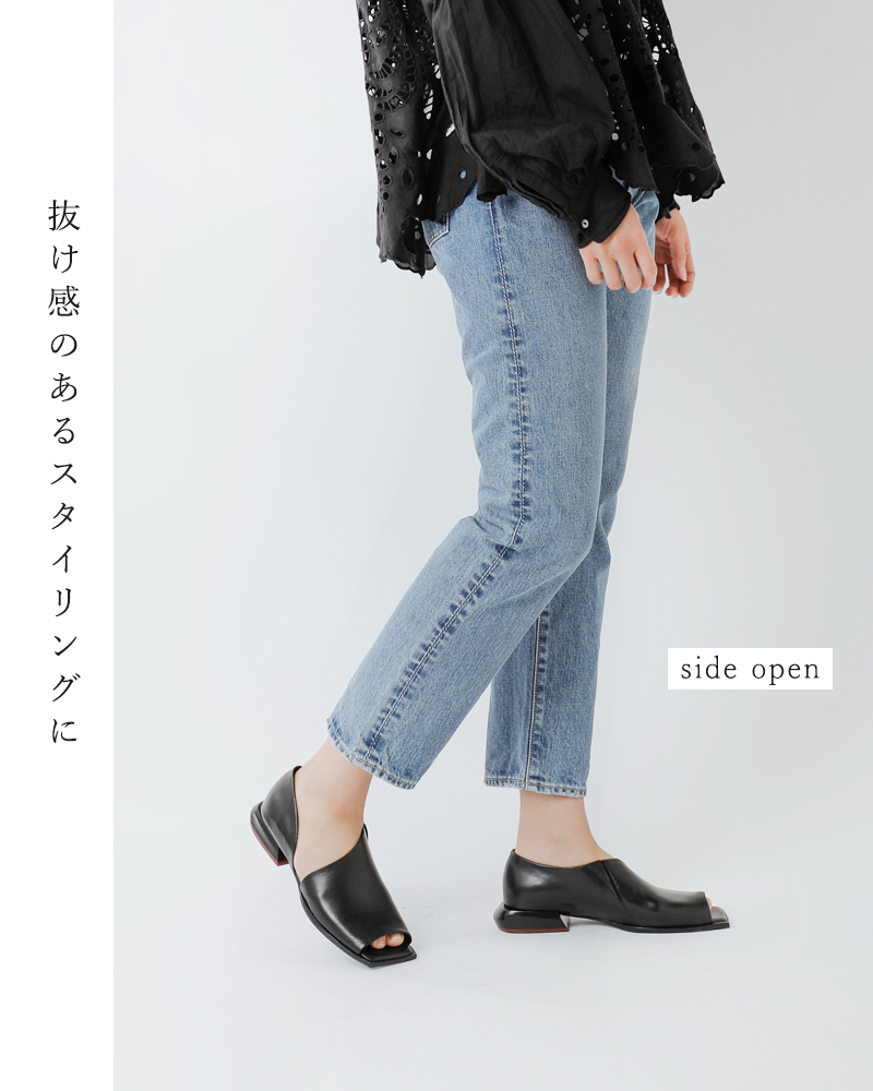 yuko imanishi+(ユウコイマニシプラス)キップレザースクエアトゥサイドオープンサンダル722043-1