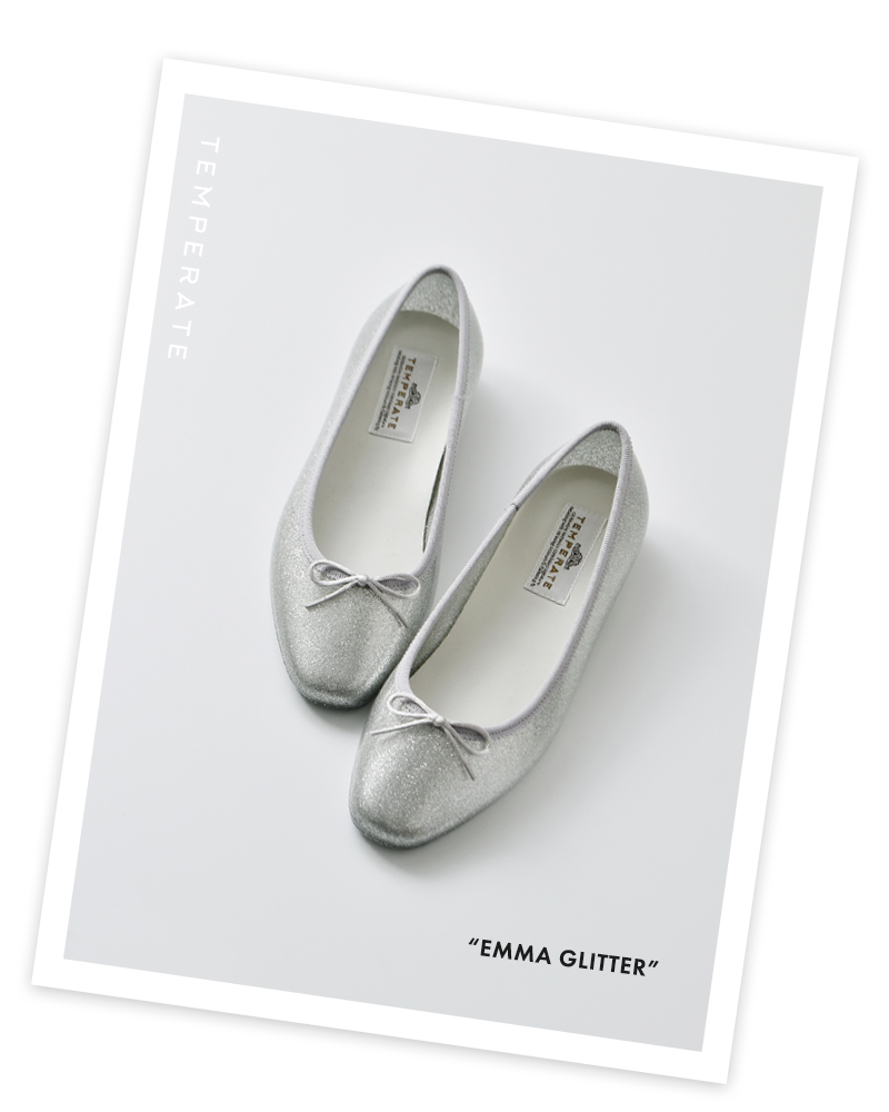 TEMPERATE(テンパレイト)低反発カップインソールグリッタースクエアトゥレインバレエシューズ“EMMAGLITTER”emma-glitter