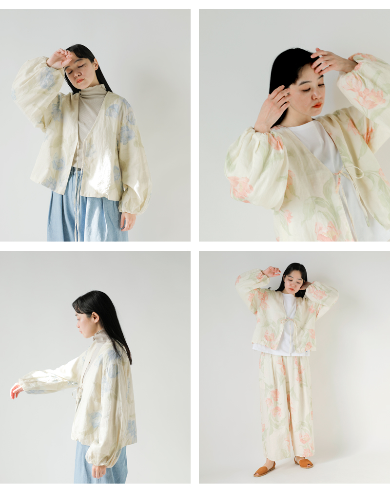 Gauze#(ガーゼ)リネンアンティークフラワープリントストリングジャケット“ANTIQUEFLOWERPRINTSTRINGJACKET”g1040