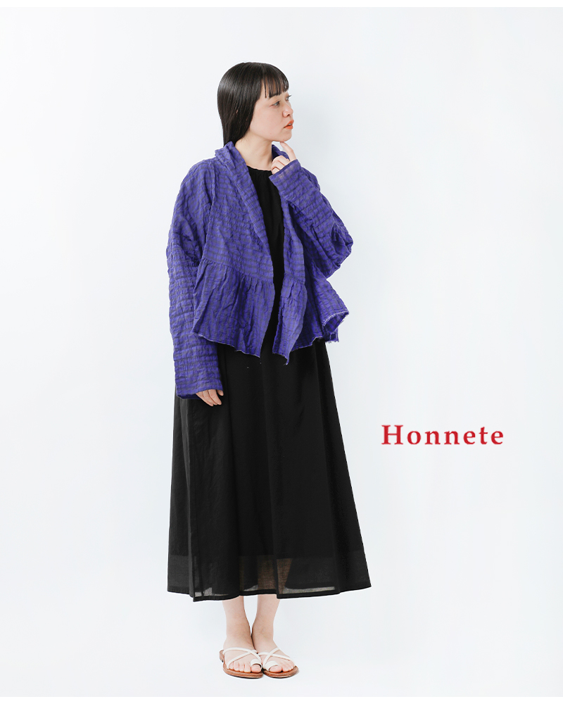 Honnete(オネット)シャーリングギンガムチェックギャザーカーディガンho-25ss-c5