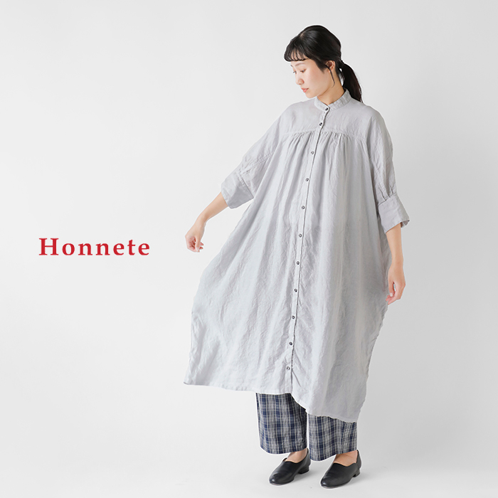 Honnete オネット アイリッシュリネン 7分袖 ロング ギャザー