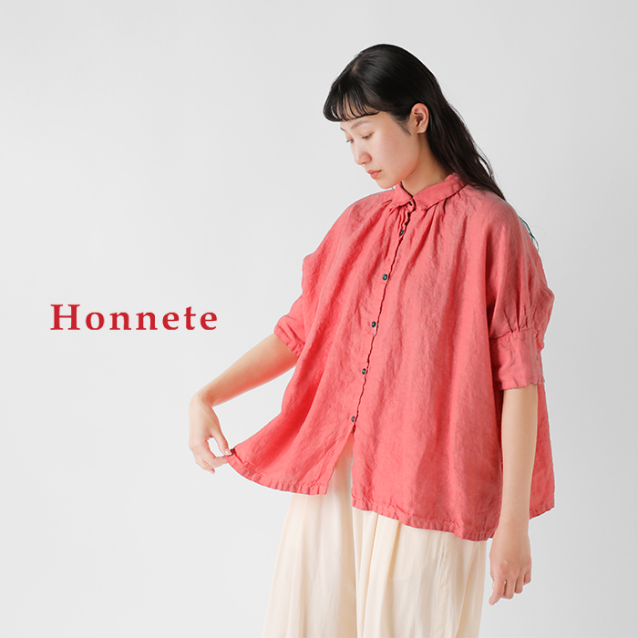 20%OFF】Honnete オネット アイリッシュリネン 半袖 ギャザー