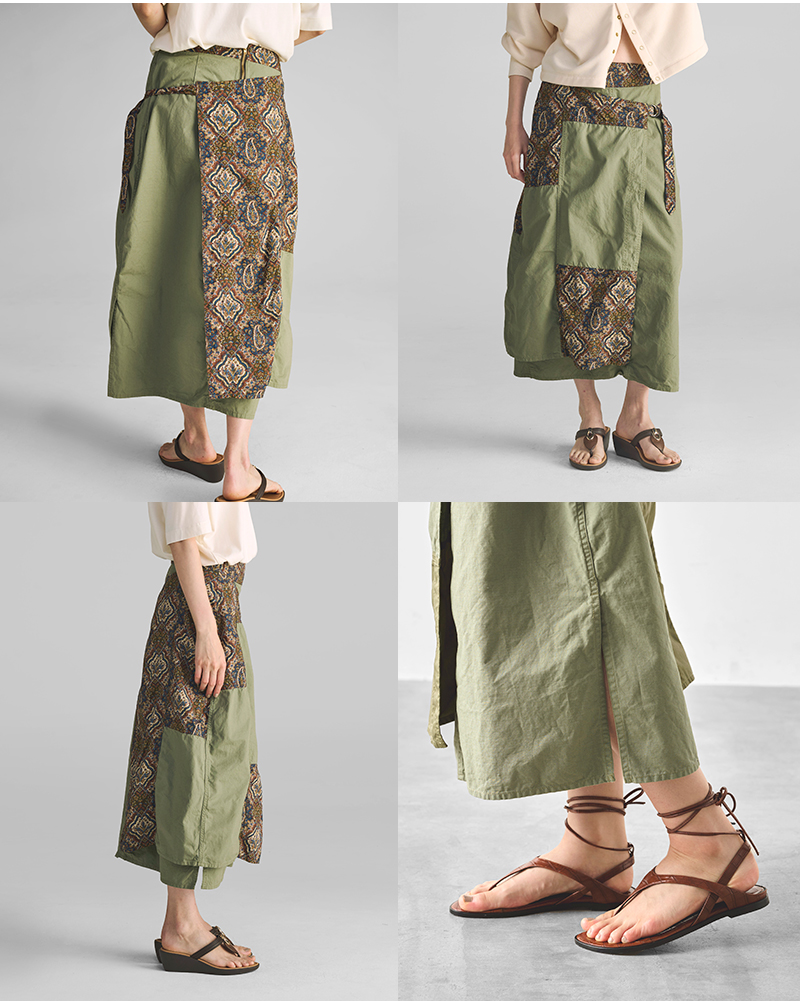kha:ki(カーキ)オーガニックコットンリップストップパッチワークラップスカート“PATCHWORKWRAPSKIRT”mil25hsk3097