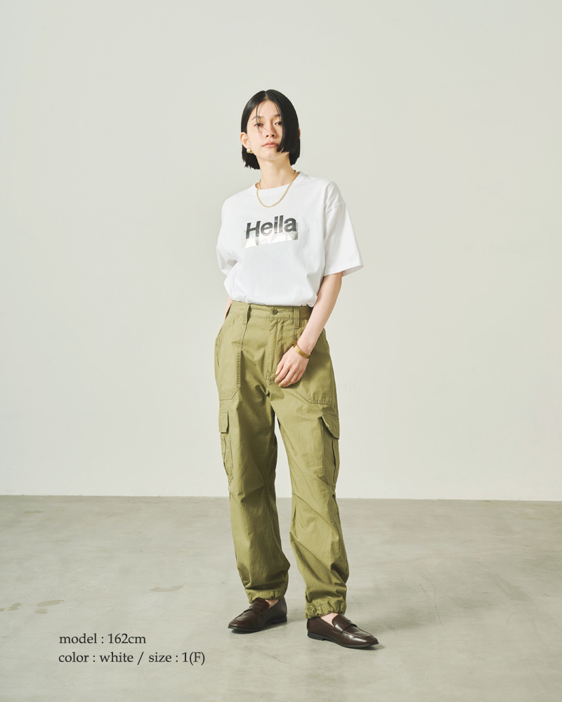 kha:ki(カーキ)5.6ozコットン天竺プリントボックスTシャツ“BOXTEEHella”mil25scs3449
