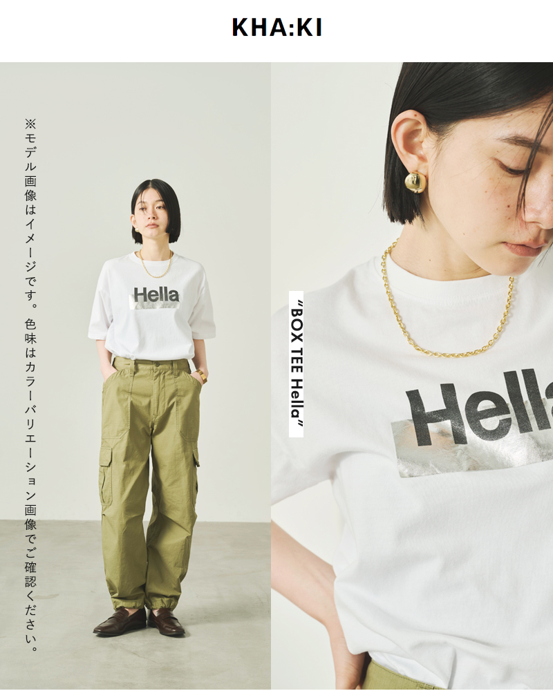 kha:ki(カーキ)5.6ozコットン天竺プリントボックスTシャツ“BOXTEEHella”mil25scs3449