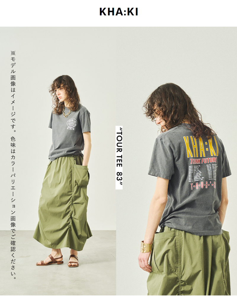 kha:ki(カーキ)コットン天竺ピグメント加工グラフィックプリントTシャツ“TOURTEE83”mil25scs3454
