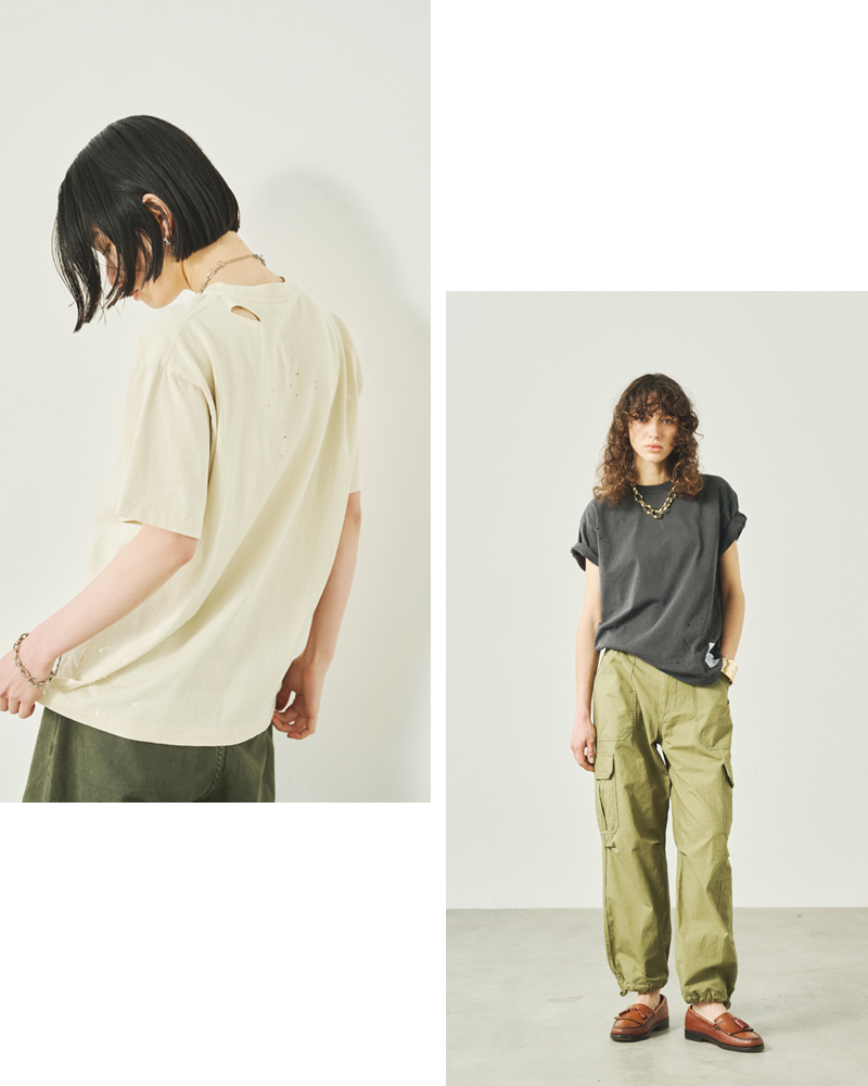 kha:ki(カーキ)コットン天竺ピグメントダイダメージ＆ペイントTシャツ“DAMAGE＆PAINTTEE”mil25scs3456