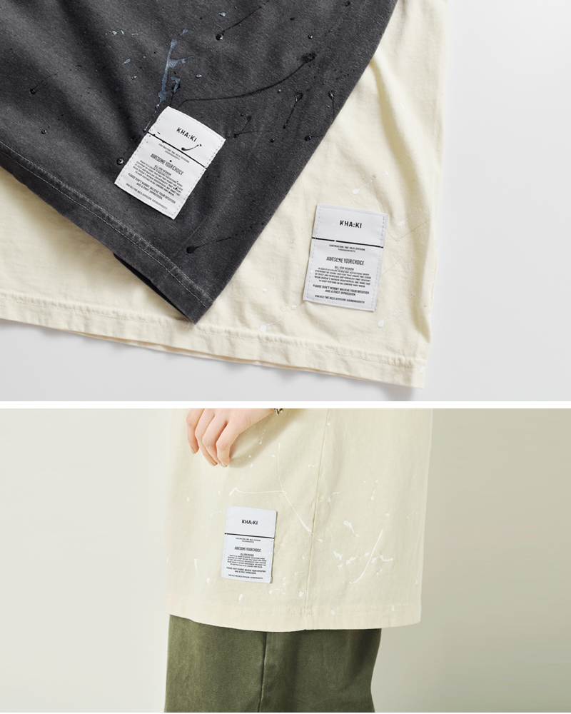 kha:ki(カーキ)コットン天竺ピグメントダイダメージ＆ペイントTシャツ“DAMAGE＆PAINTTEE”mil25scs3456