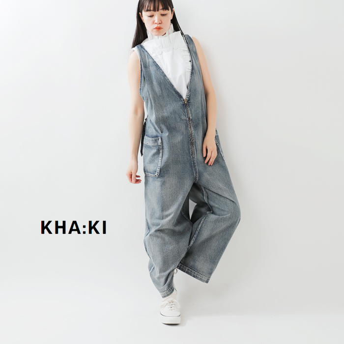 kha:ki(カーキ)8oz綿麻デニムヴィンテージ加工Vネックジップアップオーバーオール“V-NECKOVERALLS”mil25spt3231