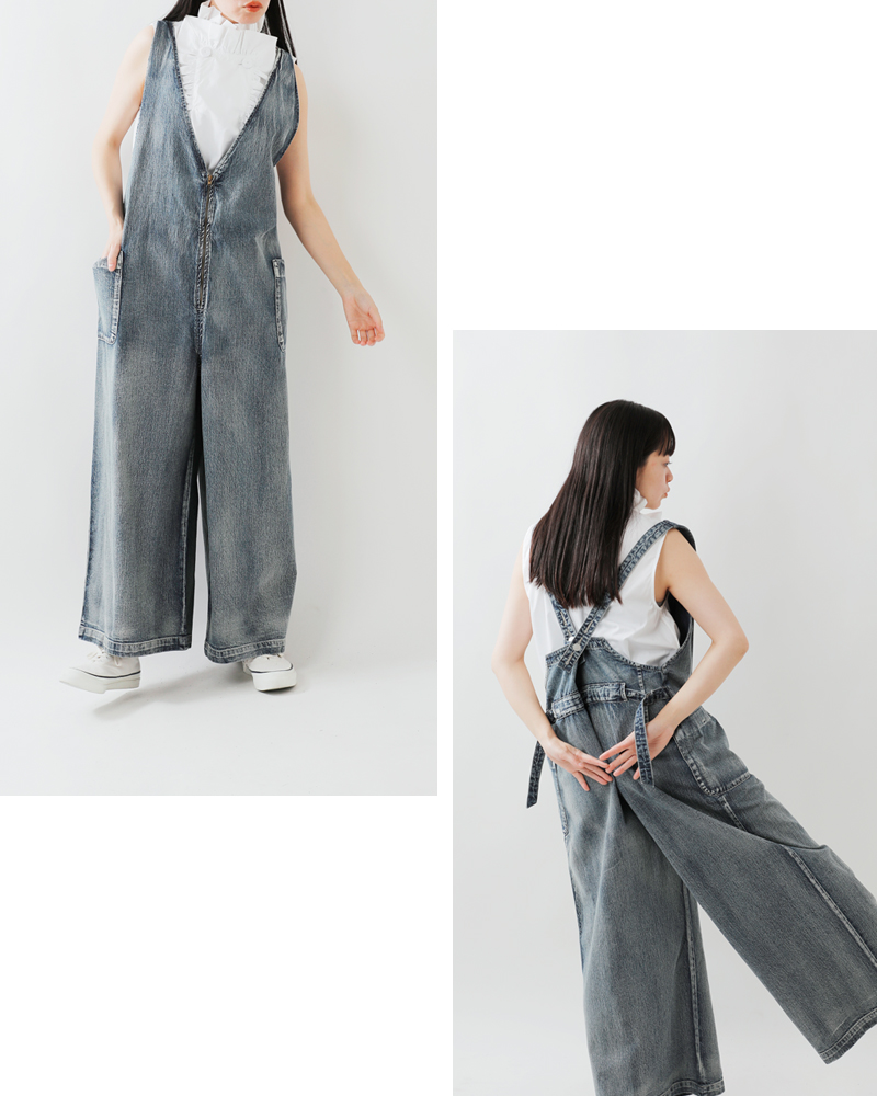 kha:ki(カーキ)8oz綿麻デニムヴィンテージ加工Vネックジップアップオーバーオール“V-NECKOVERALLS”mil25spt3231