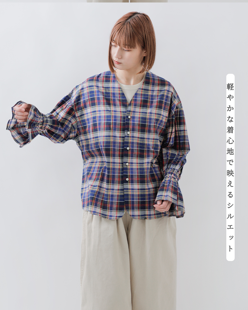 MANON(マノン)コットンリネンバルーンスリーブチェックカーディガンブラウス“BALOONSLEEVECHECKCARDIGANBLOUSE”mnn-sh-284