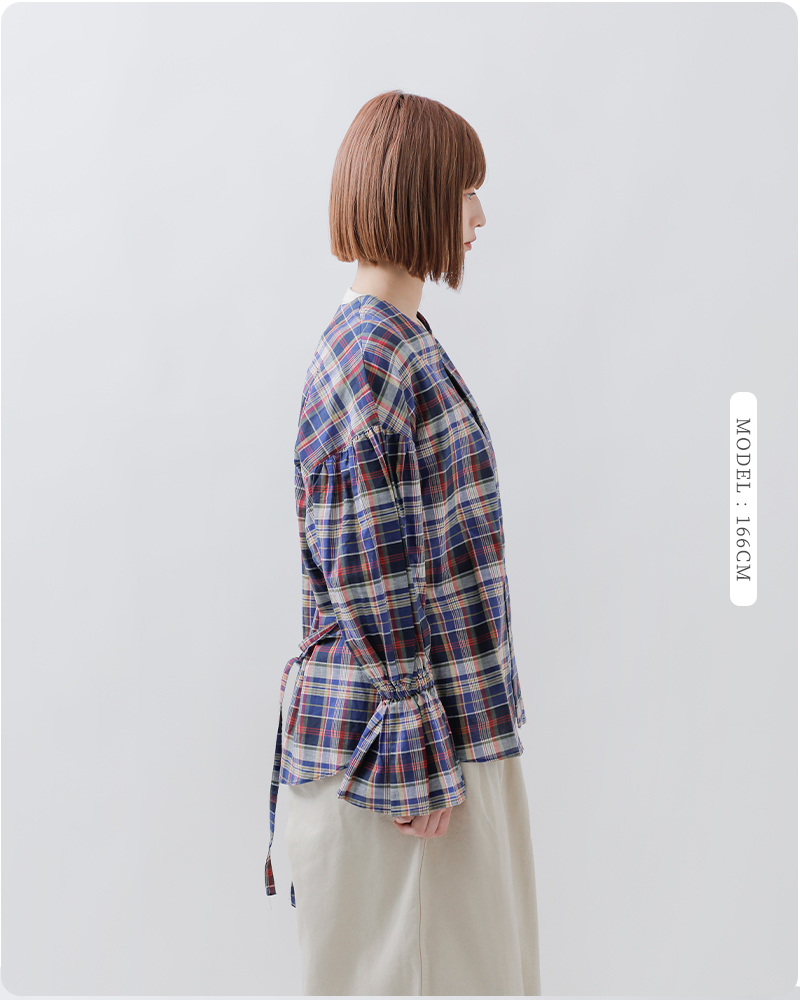 MANON(マノン)コットンリネンバルーンスリーブチェックカーディガンブラウス“BALOONSLEEVECHECKCARDIGANBLOUSE”mnn-sh-284