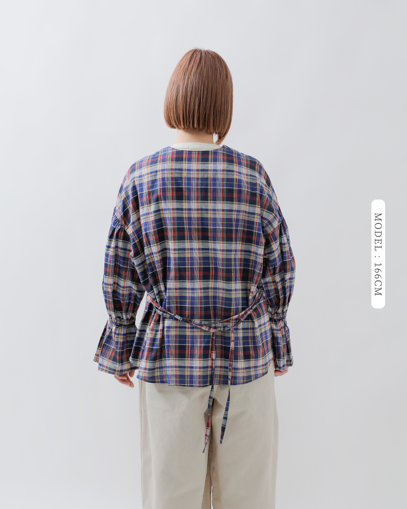 MANON(マノン)コットンリネンバルーンスリーブチェックカーディガンブラウス“BALOONSLEEVECHECKCARDIGANBLOUSE”mnn-sh-284