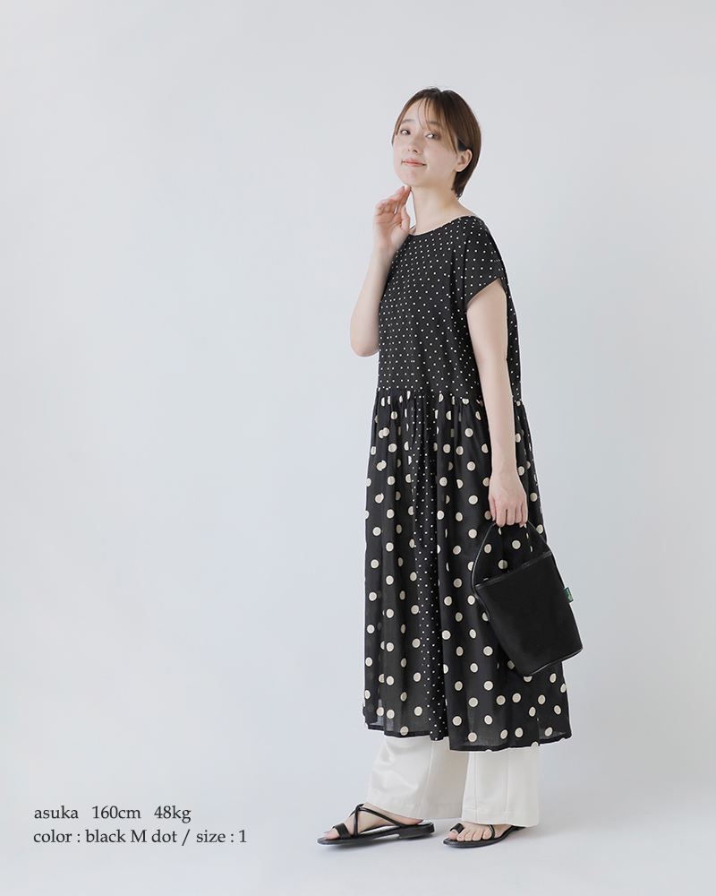 SOIL(ソイル)コットンボイルドットプリントボートネックフレンチスリーブドレスワンピースnsl25016