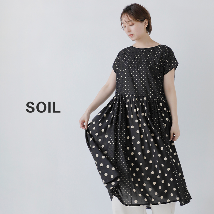 SOIL(ソイル)コットンボイルドットプリントボートネックフレンチスリーブドレスワンピースnsl25016