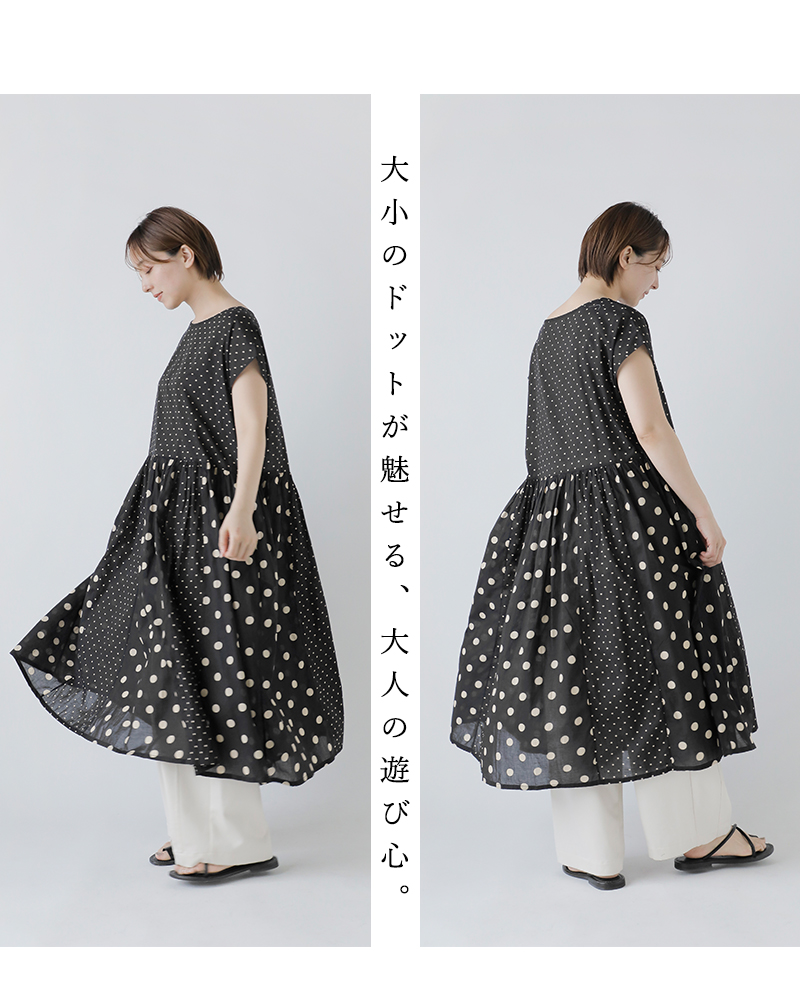 SOIL(ソイル)コットンボイルドットプリントボートネックフレンチスリーブドレスワンピースnsl25016