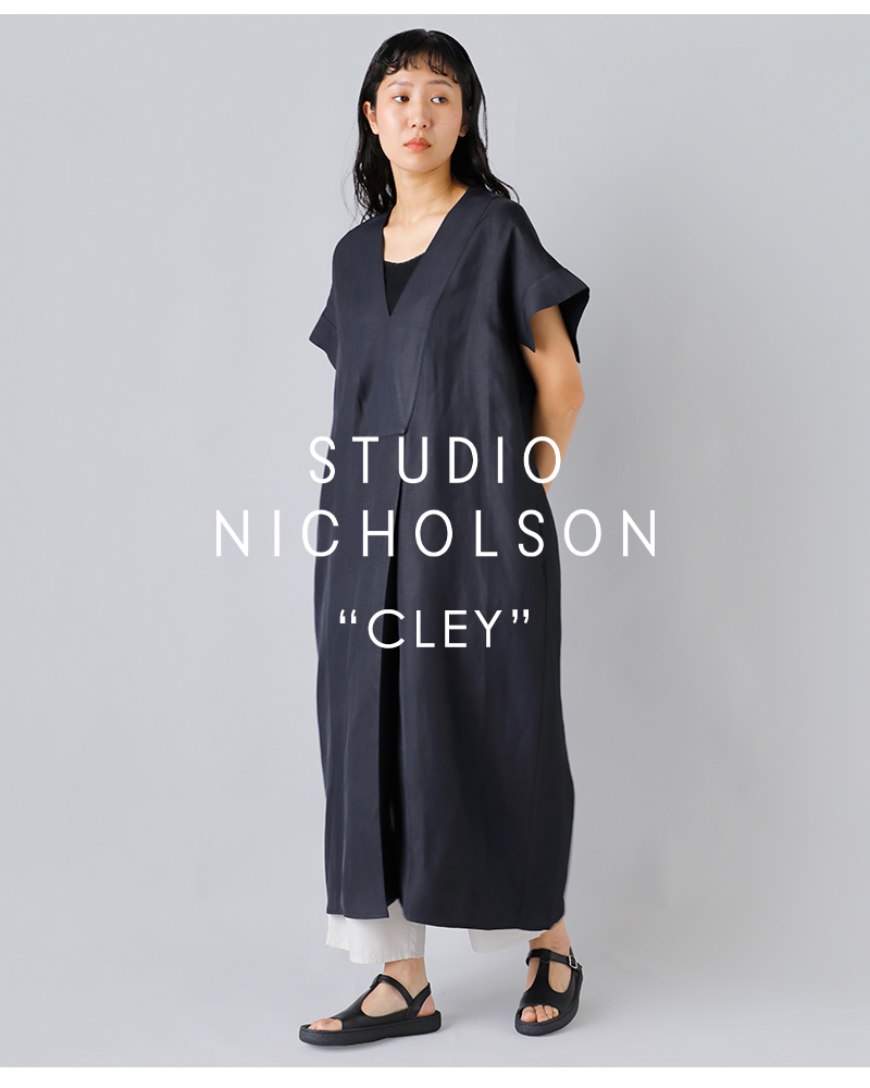 STUDIO NICHOLSON(スタジオ ニコルソン)リネンビスコースショートスリーブVネックドレス“CLEY”snw-1607