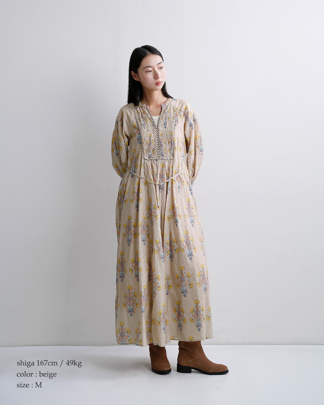 ne Quittez pas(ヌキテパ)コットンジャガード マリーゴールドプリント シャーリング ワンピース Cotton Jacquard Marigold Print Shirring Dress 010400cf1