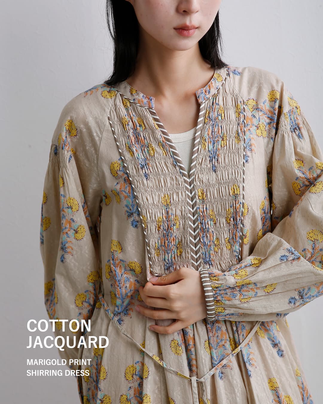 ne Quittez pas(ヌキテパ)コットンジャガード マリーゴールドプリント シャーリング ワンピース Cotton Jacquard Marigold Print Shirring Dress 010400cf1