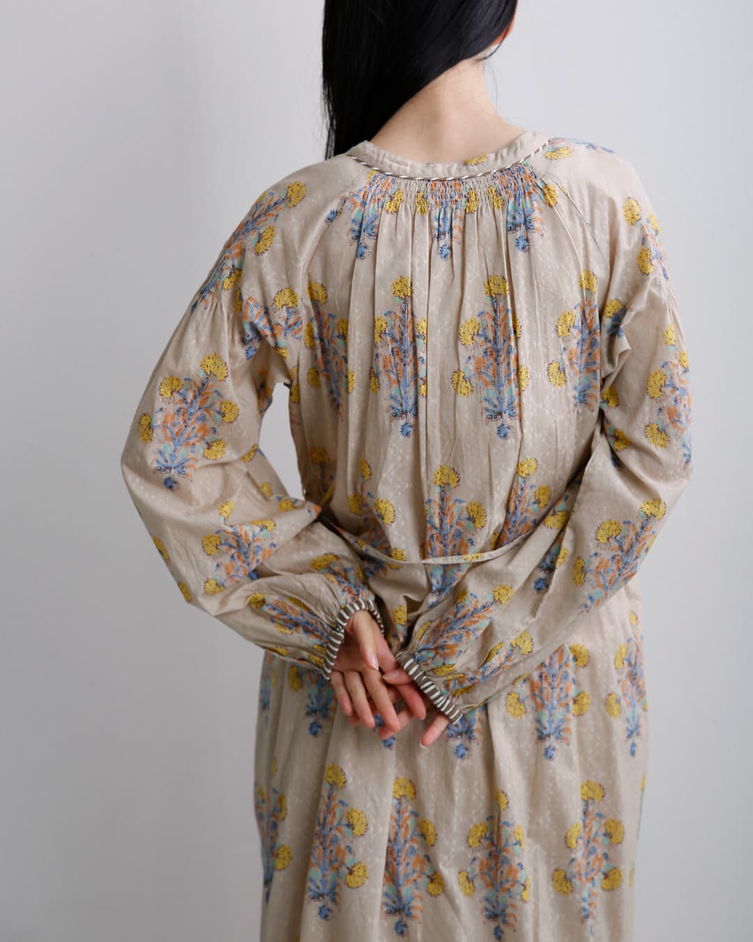 ne Quittez pas(ヌキテパ)コットンジャガード マリーゴールドプリント シャーリング ワンピース Cotton Jacquard Marigold Print Shirring Dress 010400cf1