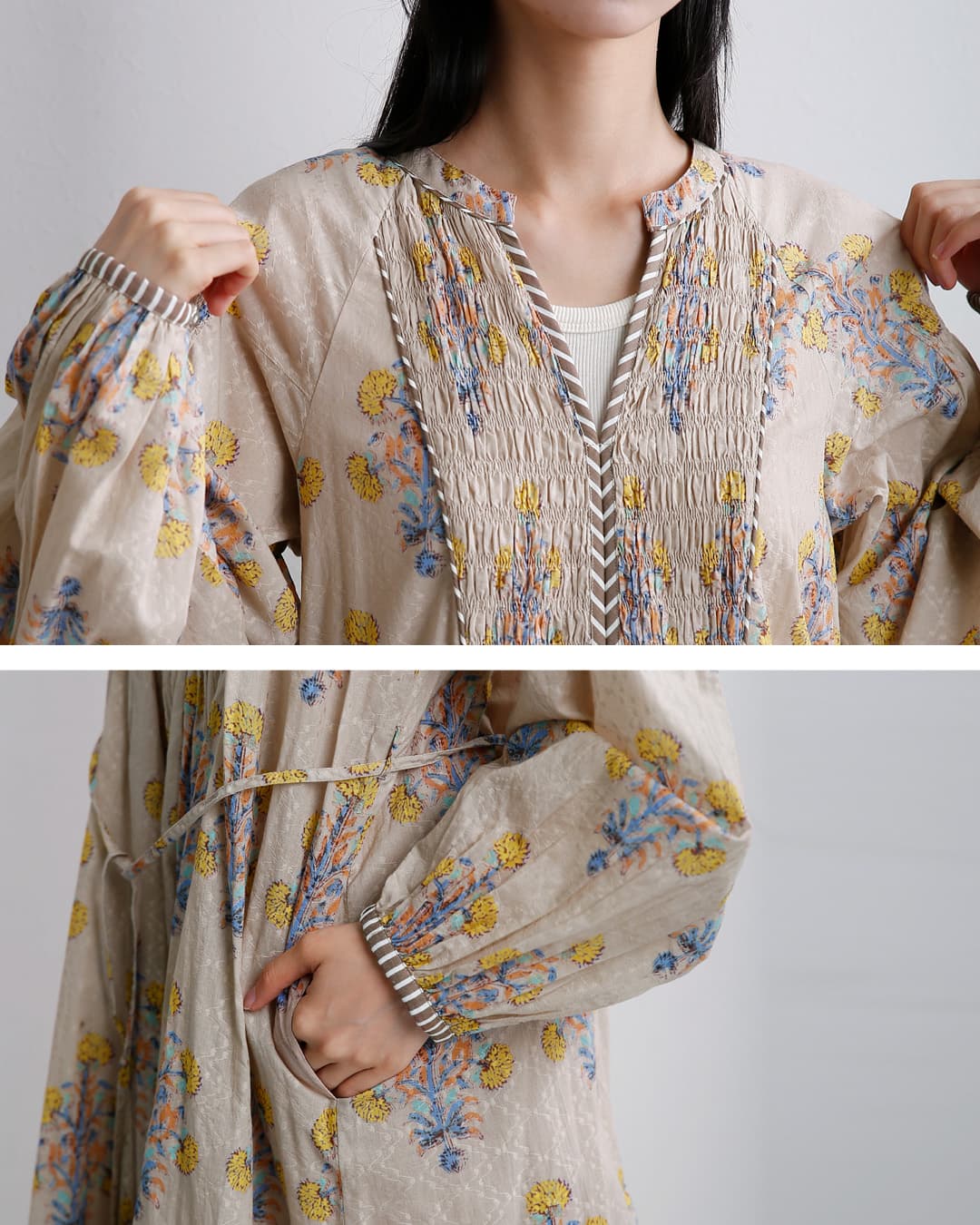 ne Quittez pas(ヌキテパ)コットンジャガード マリーゴールドプリント シャーリング ワンピース Cotton Jacquard Marigold Print Shirring Dress 010400cf1