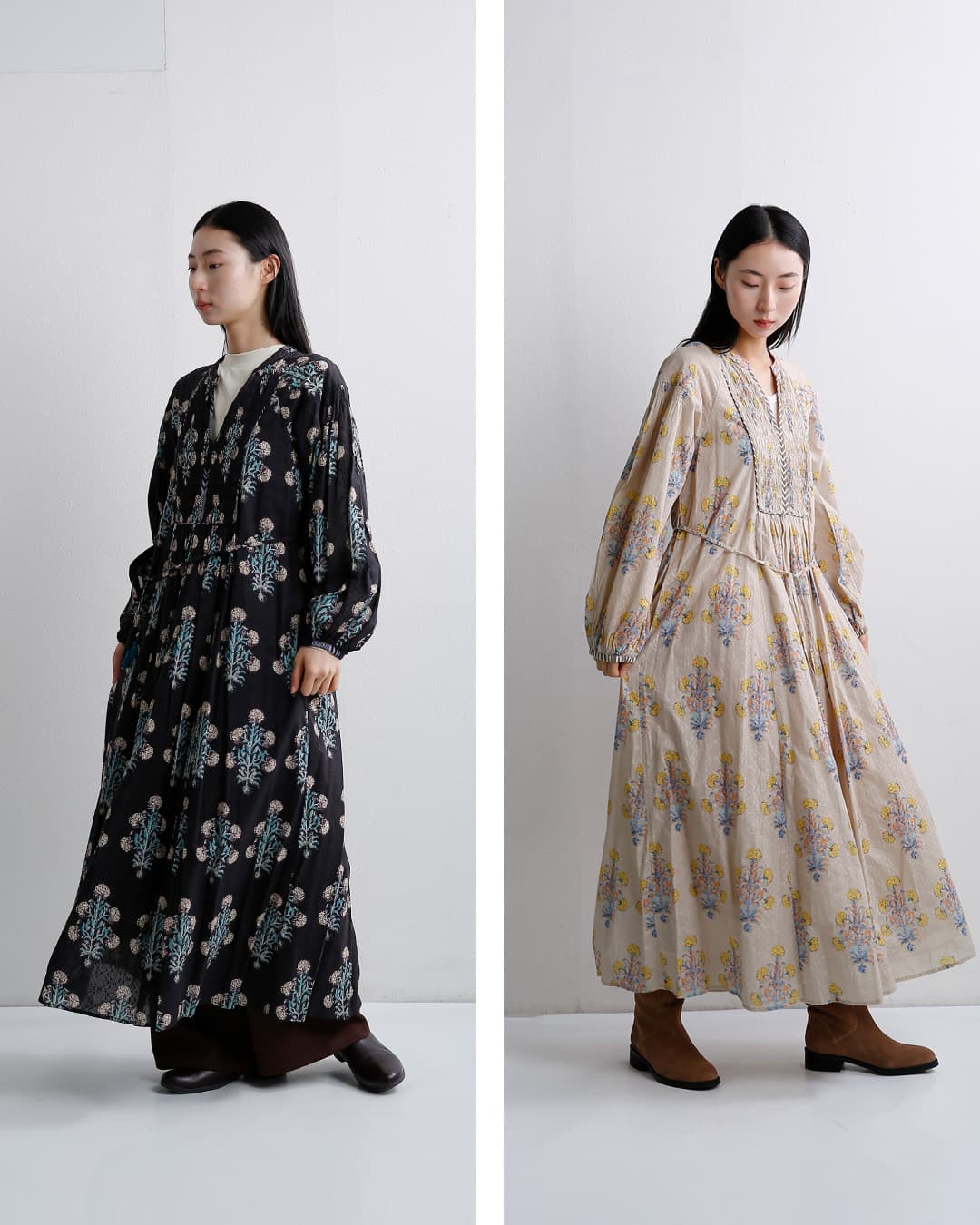 ne Quittez pas(ヌキテパ)コットンジャガード マリーゴールドプリント シャーリング ワンピース Cotton Jacquard Marigold Print Shirring Dress 010400cf1