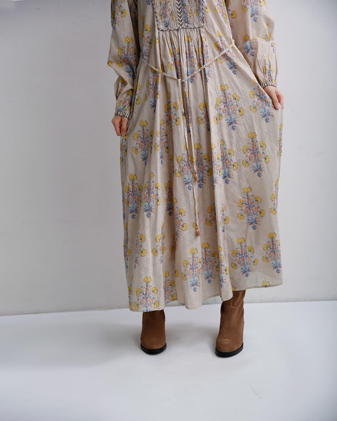 ne Quittez pas(ヌキテパ)コットンジャガード マリーゴールドプリント シャーリング ワンピース Cotton Jacquard Marigold Print Shirring Dress 010400cf1
