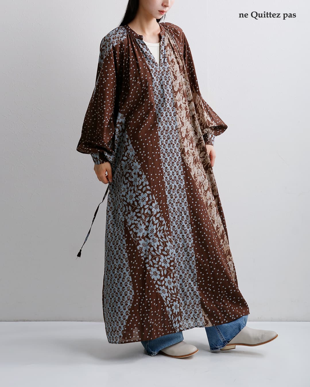 ne Quittez pas(ヌキテパ)花柄 パッチワーク ワンピース Cotton Rayon Patchwork Flower Print Dress 010462ny1