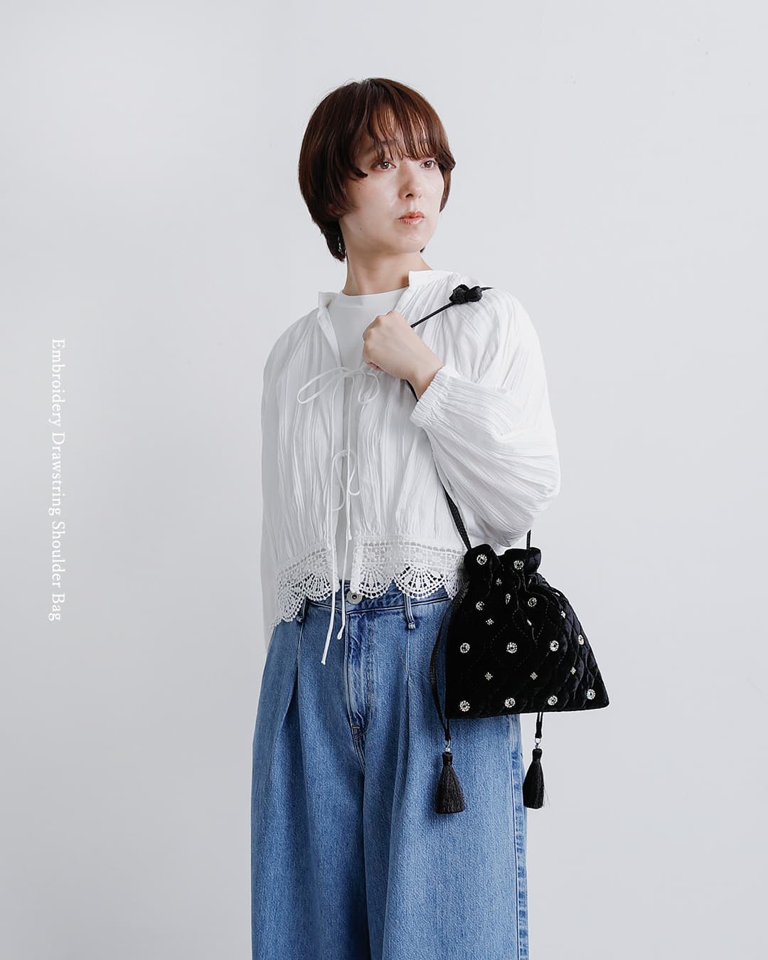ne Quittez pas(ヌキテパ)刺繍 ドローストリング ショルダーバッグ Embroidery Drawstring Shoulder Bag 012062qe1-2