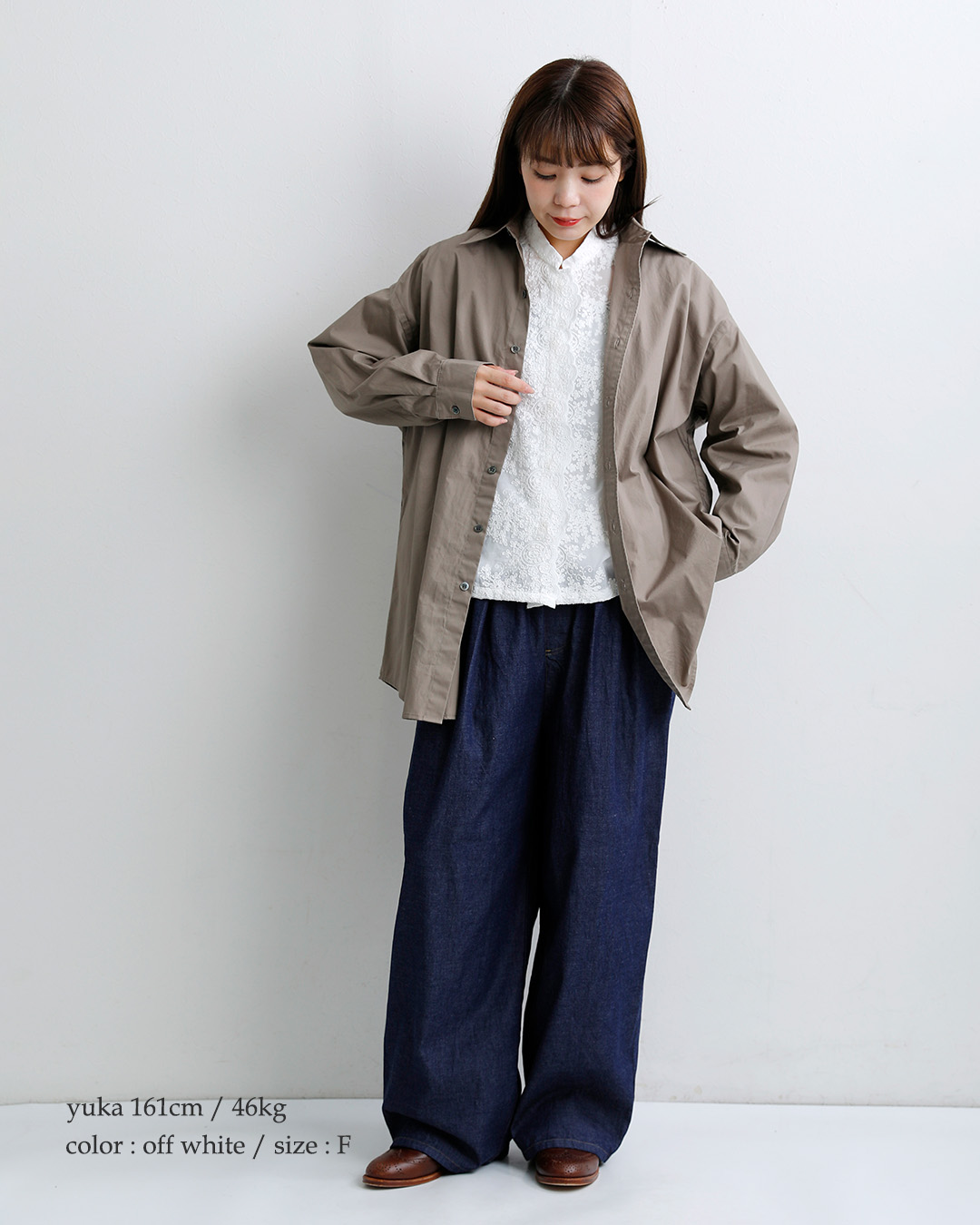 mizuiro indコットン レース スタンドカラー ワイド シャツ 1-239005