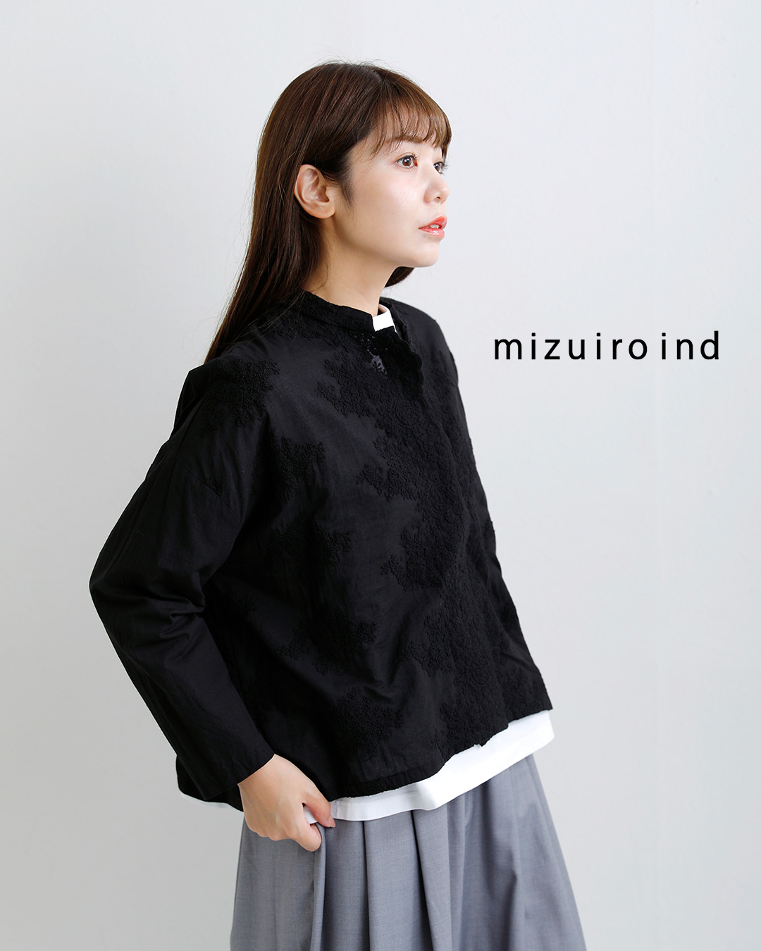 mizuiro indコットン レース スタンドカラー ワイド シャツ 1-239005