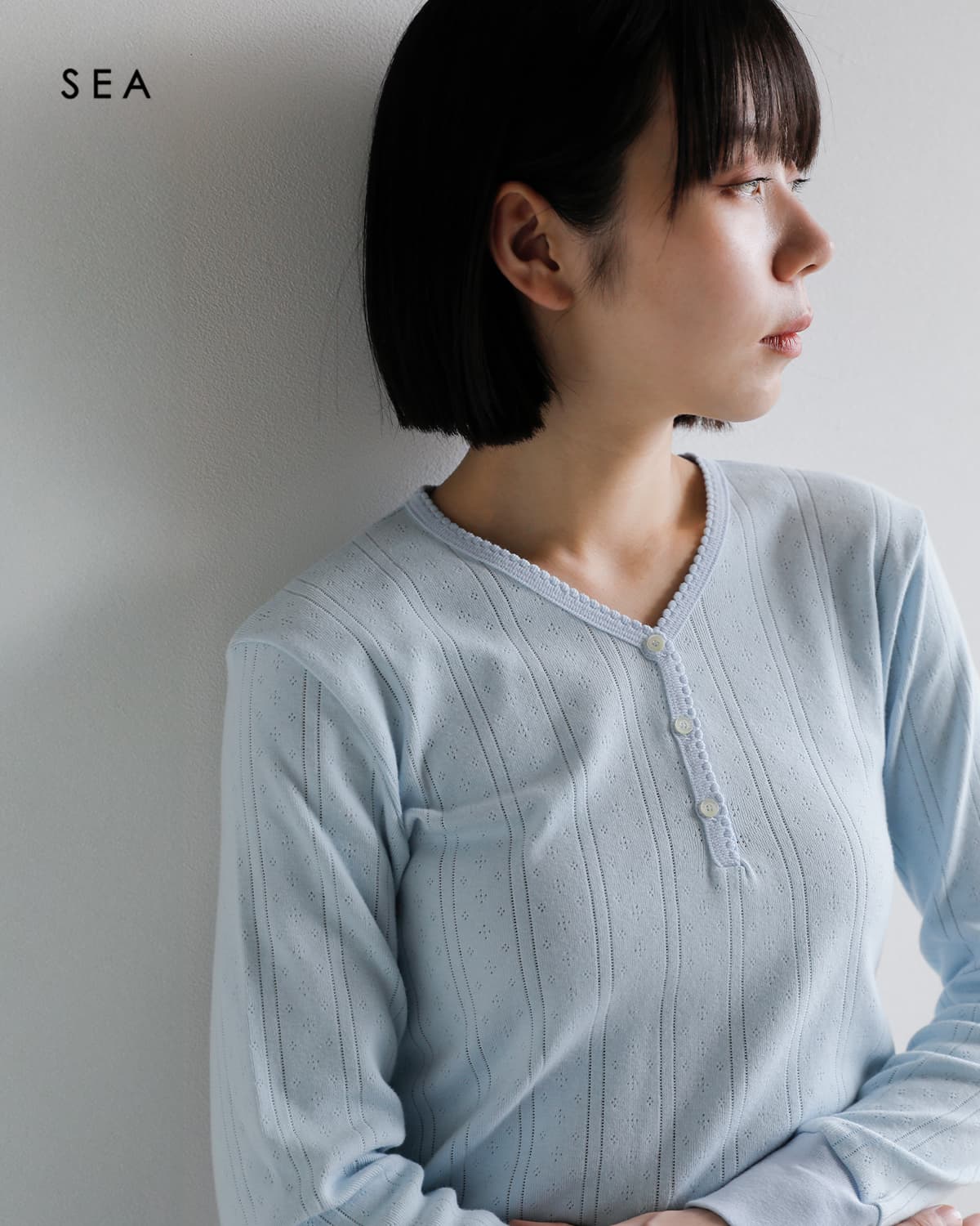 SEA(シー)アイレットリブ Vネック ヘンリー 長袖 Tシャツ 110706604 秋冬