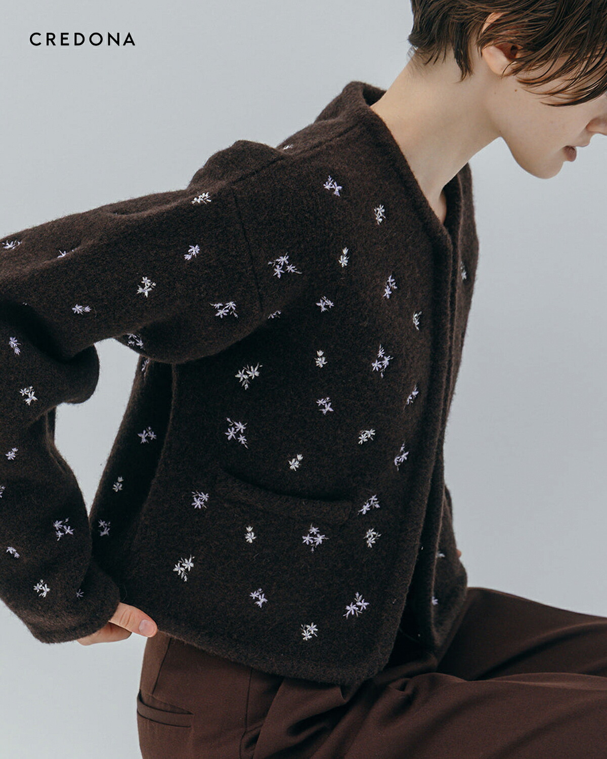 CREDONA(クレドナ)ウールブレンド ブークレ フラワー 刺繍 ニット ジャケット “FLOWER EMBROIDERY KNIT JACKET”1425511389-0